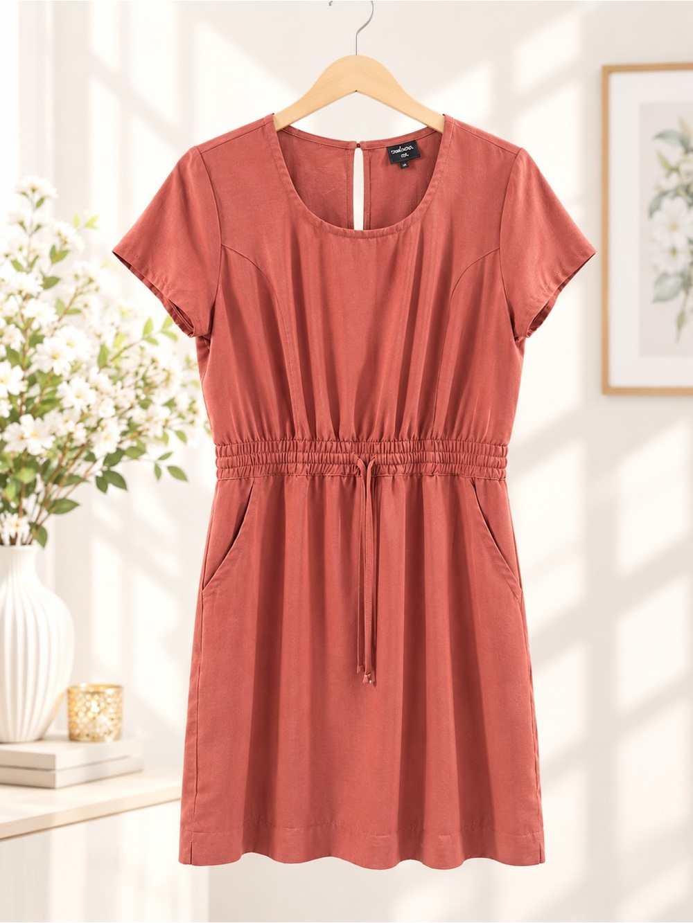 Women’s Short Sleeve Drawstring Waist Swim Coverup - Terracotta